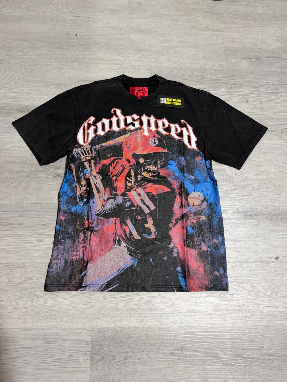 Godspeed Skeleton Graphic T-Shirt Vintage Washed Black Y2K Size S⁠